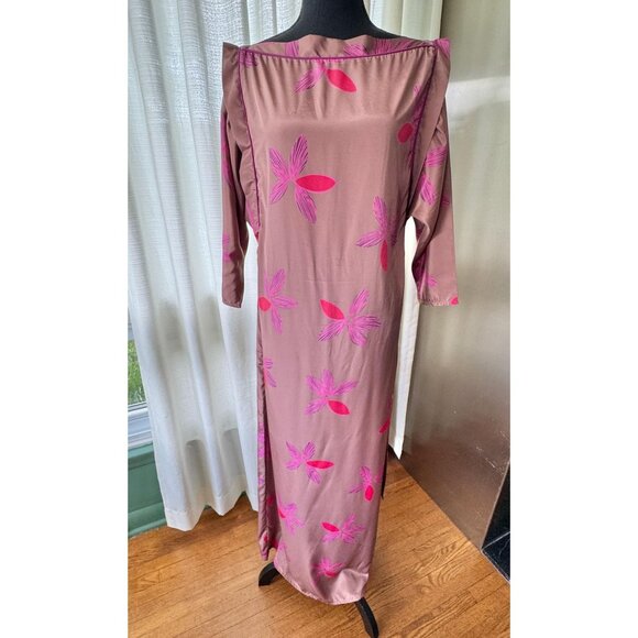 Vintage 80s dress, mauve, hot pink, fuchsia floral, wide shoulders, batwing - Picture 8 of 10